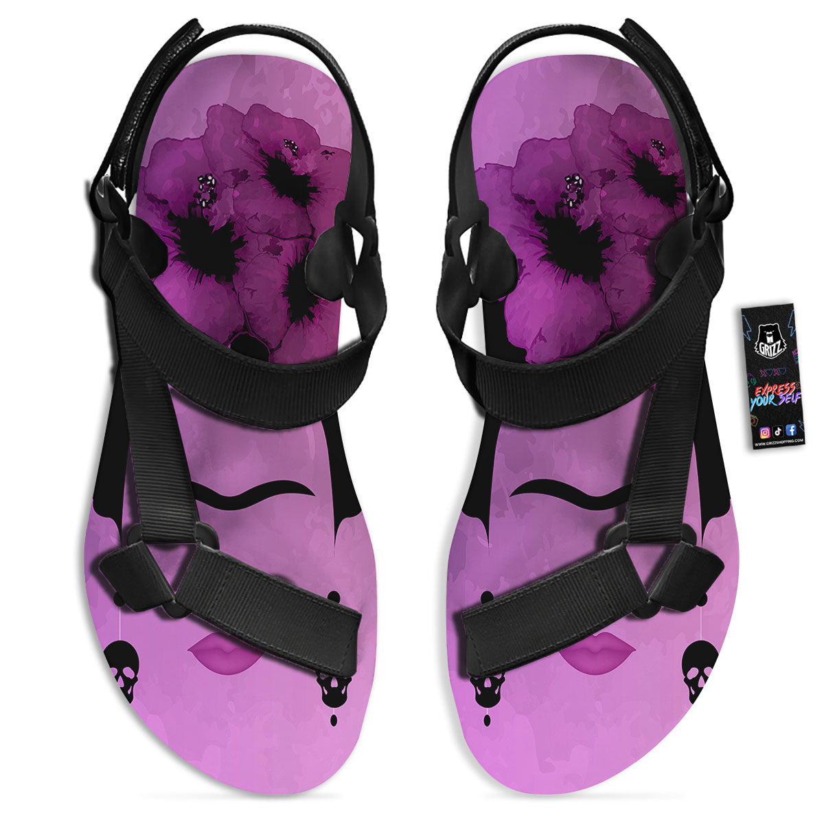 Pink Floral And Frida Kahlo Print Black Open Toe Sandals-grizzshop