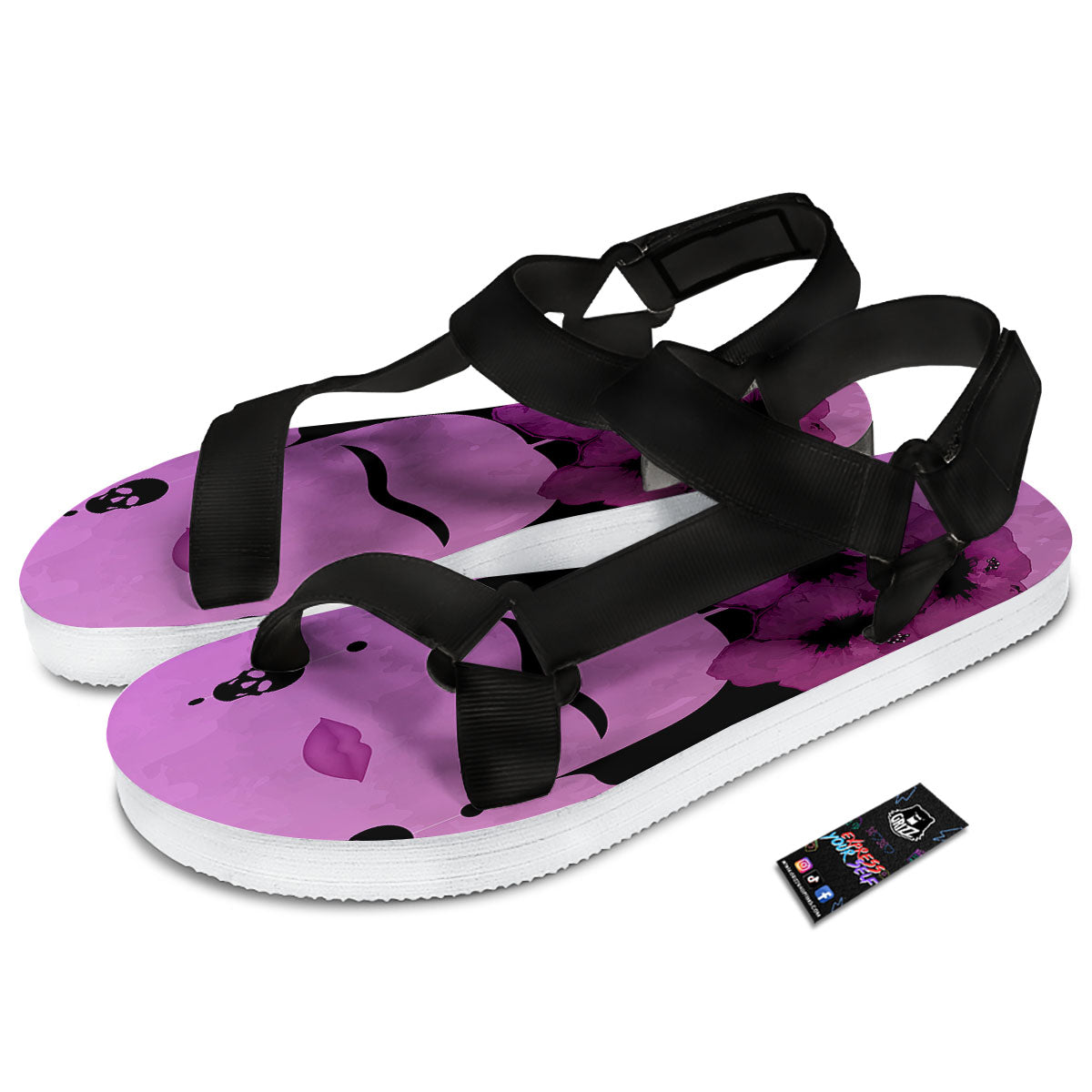 Pink Floral And Frida Kahlo Print Black Open Toe Sandals-grizzshop