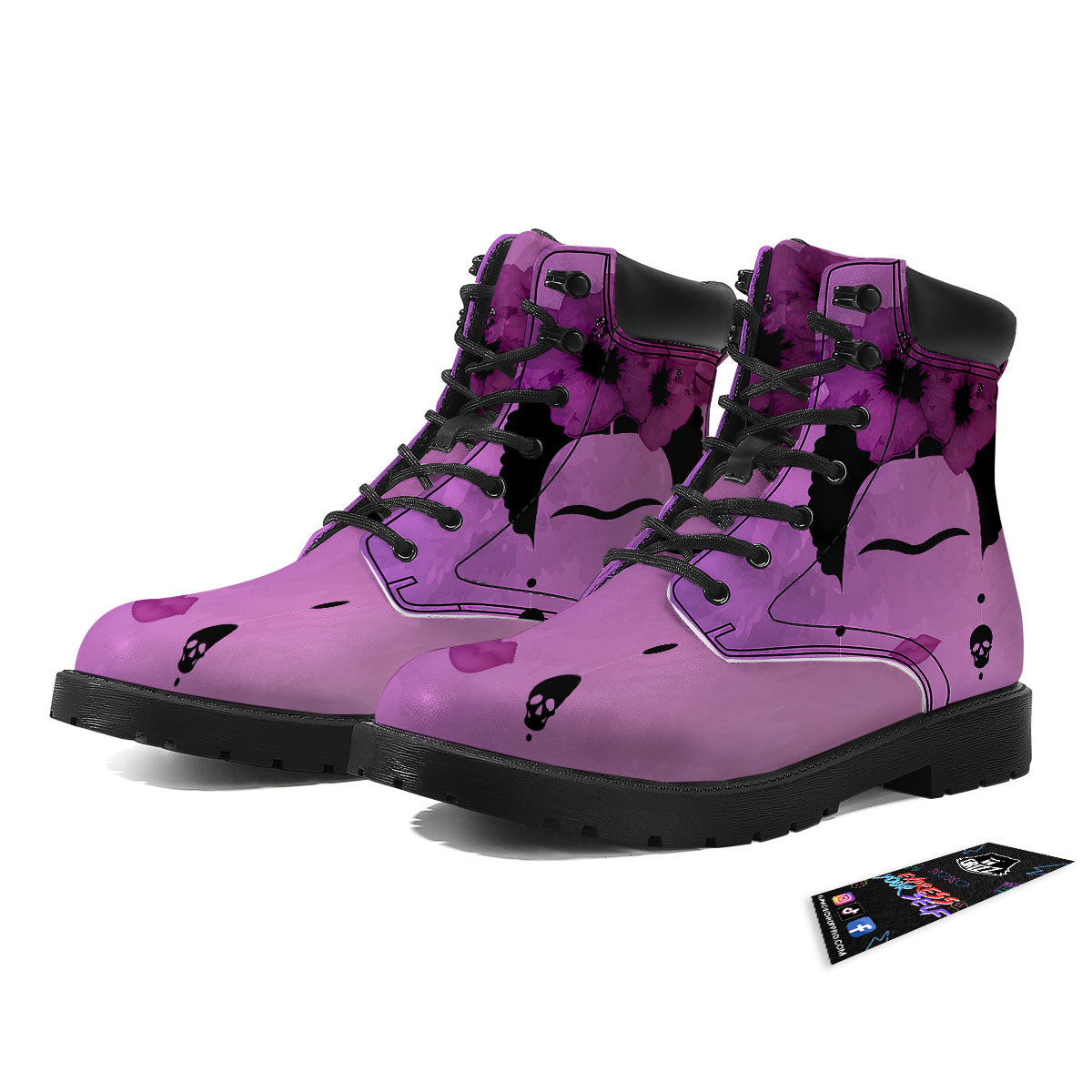 Pink Floral And Frida Kahlo Print Boots-grizzshop