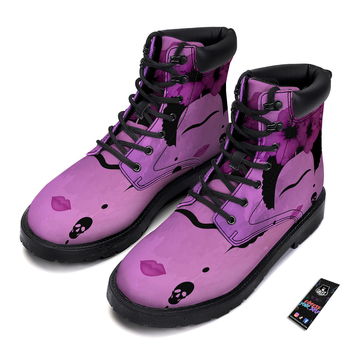 Pink Floral And Frida Kahlo Print Boots-grizzshop
