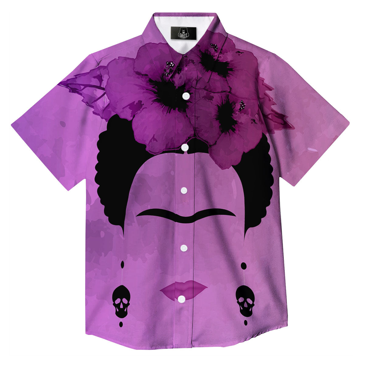 Pink Floral And Frida Kahlo Print Button Up Shirt-grizzshop