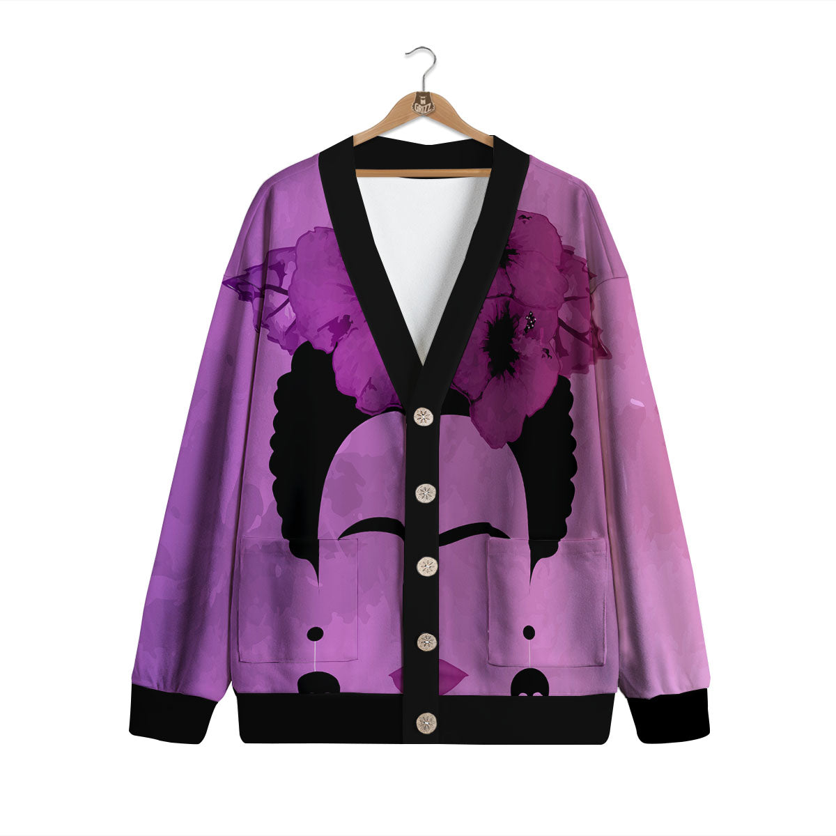 Pink Floral And Frida Kahlo Print Cardigan-grizzshop