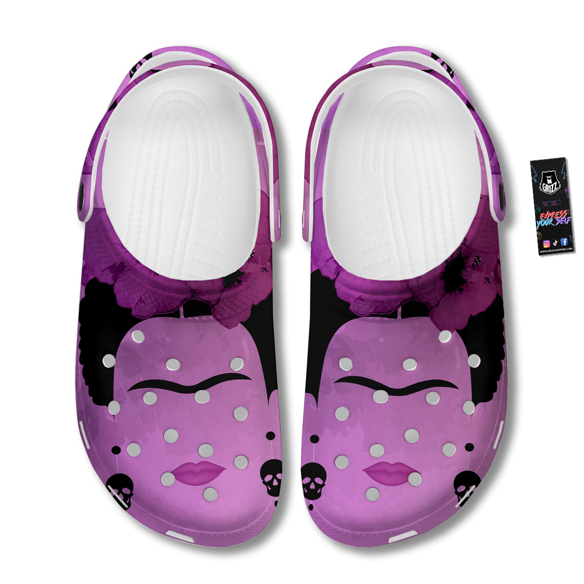 Pink Floral And Frida Kahlo Print Clog-grizzshop