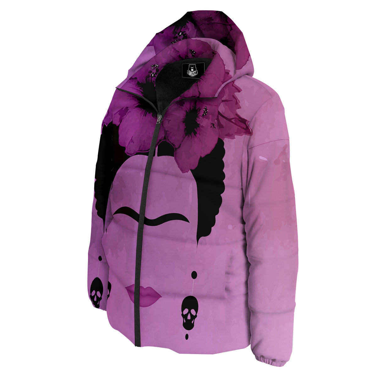 Pink Floral And Frida Kahlo Print Down Jacket-grizzshop