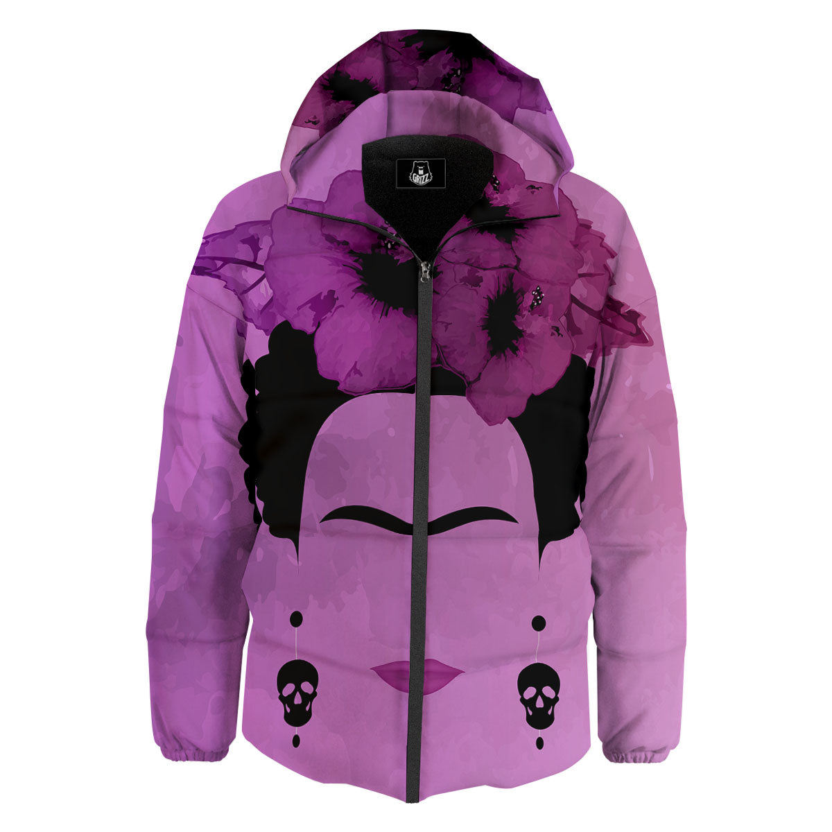 Pink Floral And Frida Kahlo Print Down Jacket-grizzshop