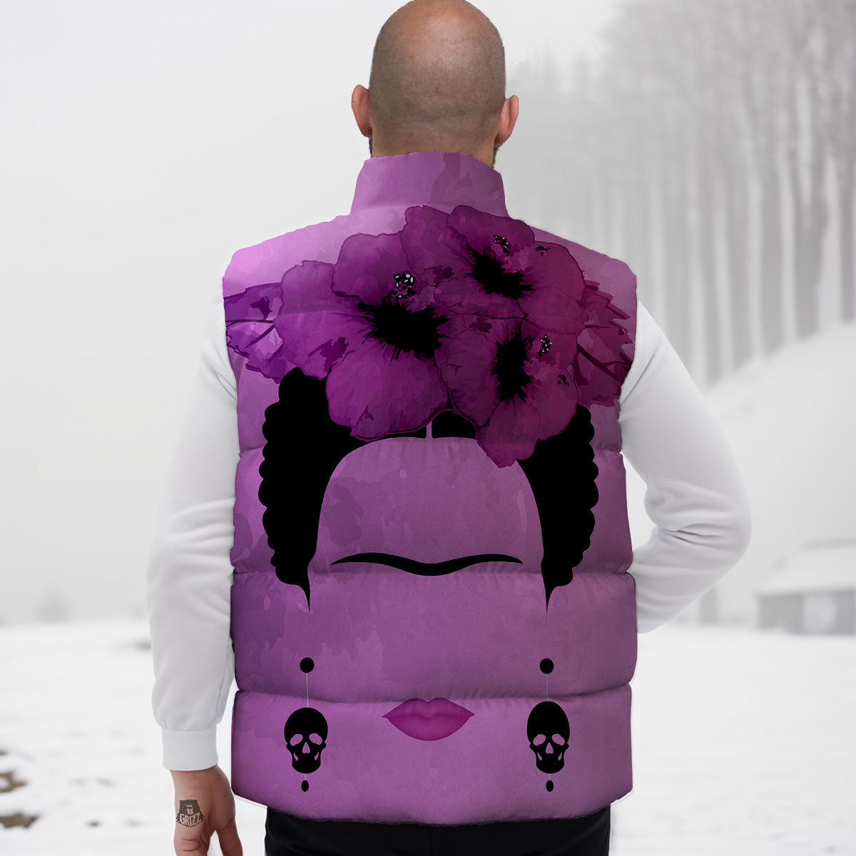 Pink Floral And Frida Kahlo Print Down Vest