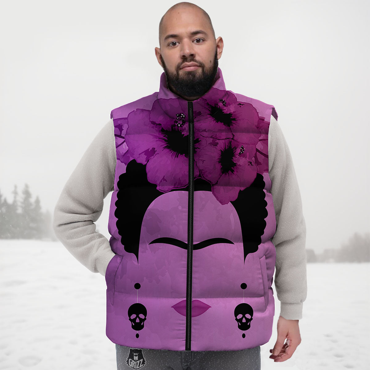 Pink Floral And Frida Kahlo Print Down Vest