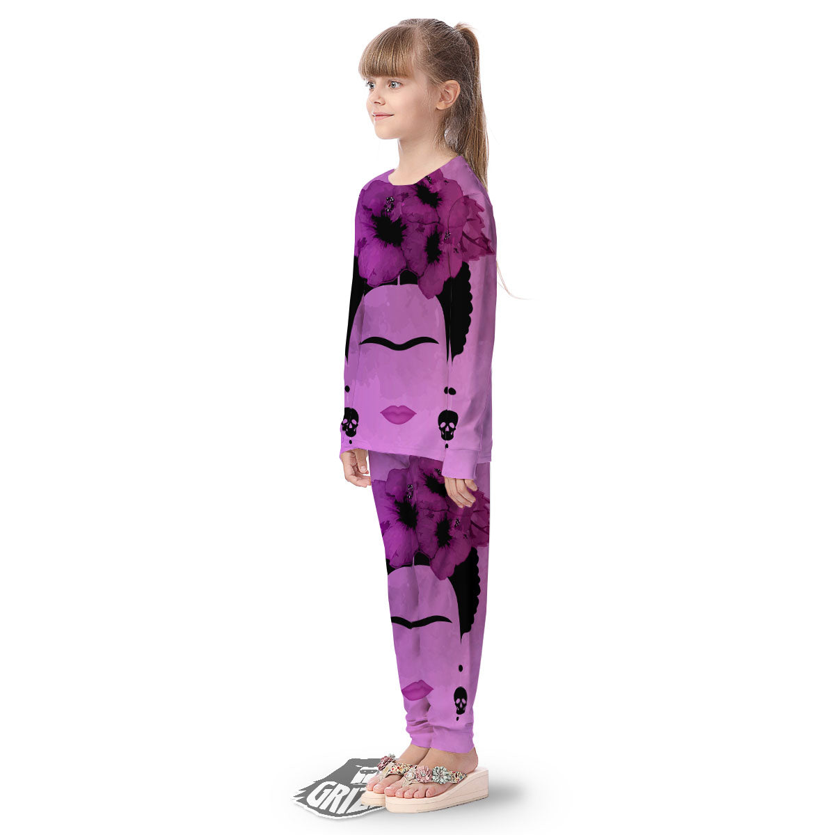 Pink Floral And Frida Kahlo Print Kid's Pajamas-grizzshop