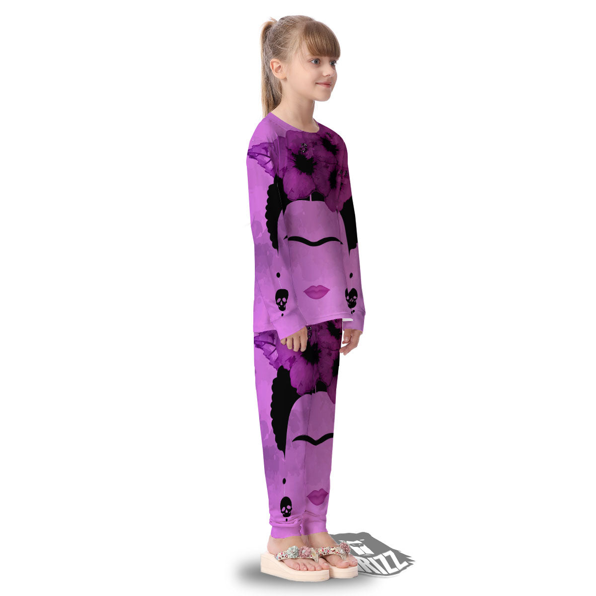 Pink Floral And Frida Kahlo Print Kid's Pajamas-grizzshop