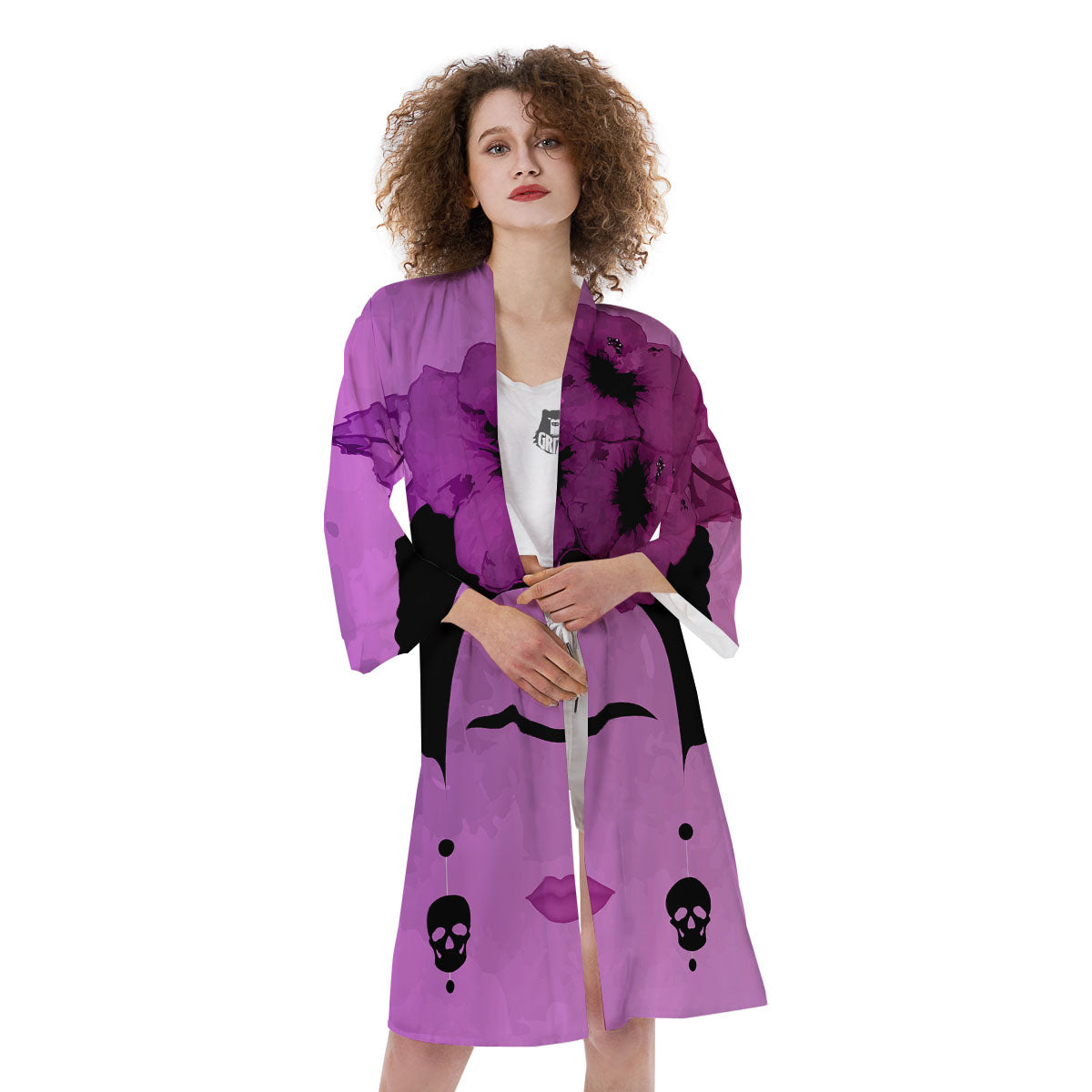 Pink Floral And Frida Kahlo Print Kimono-grizzshop