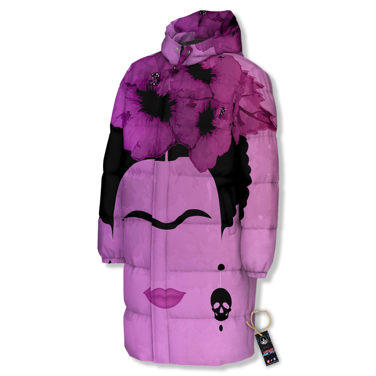 Pink Floral And Frida Kahlo Print Long Down Jacket-grizzshop