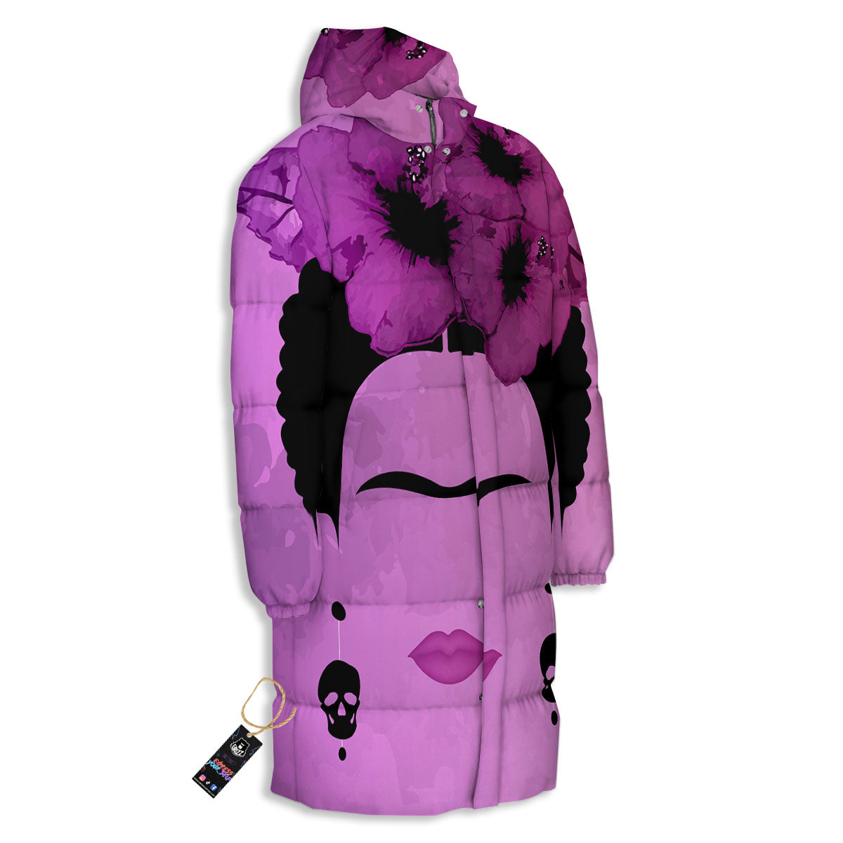 Pink Floral And Frida Kahlo Print Long Down Jacket-grizzshop
