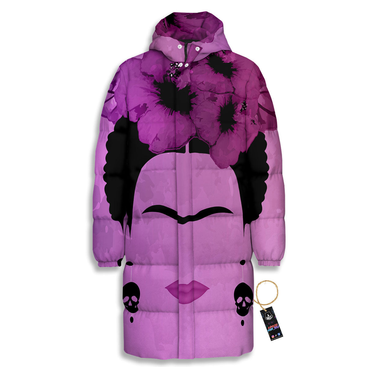 Pink Floral And Frida Kahlo Print Long Down Jacket-grizzshop