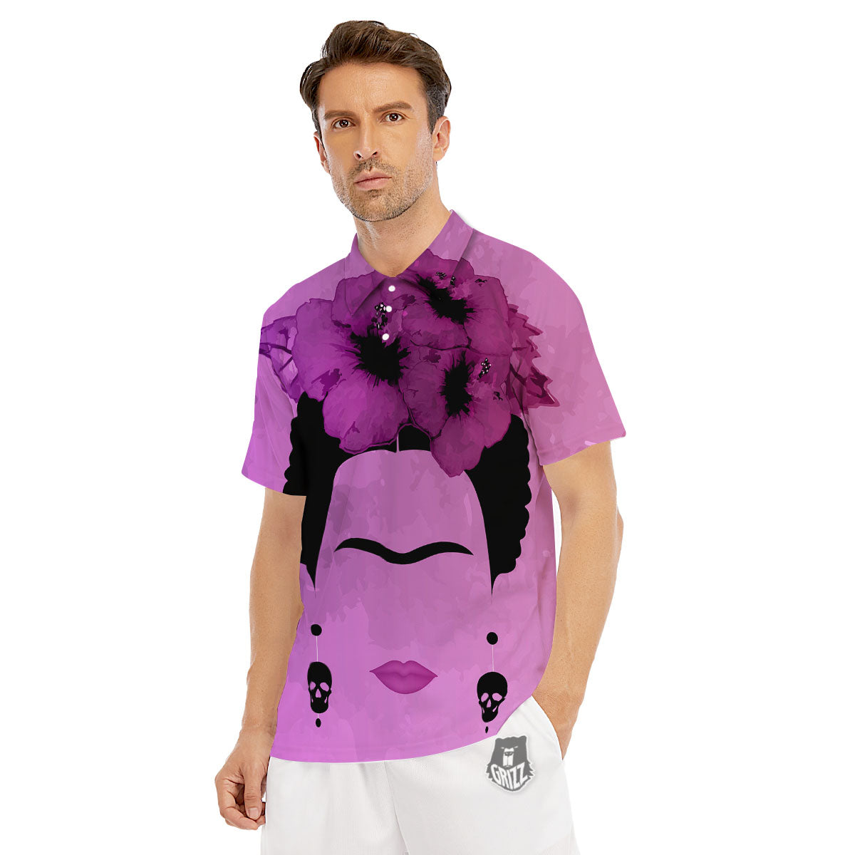 Pink Floral And Frida Kahlo Print Men's Golf Shirts-grizzshop
