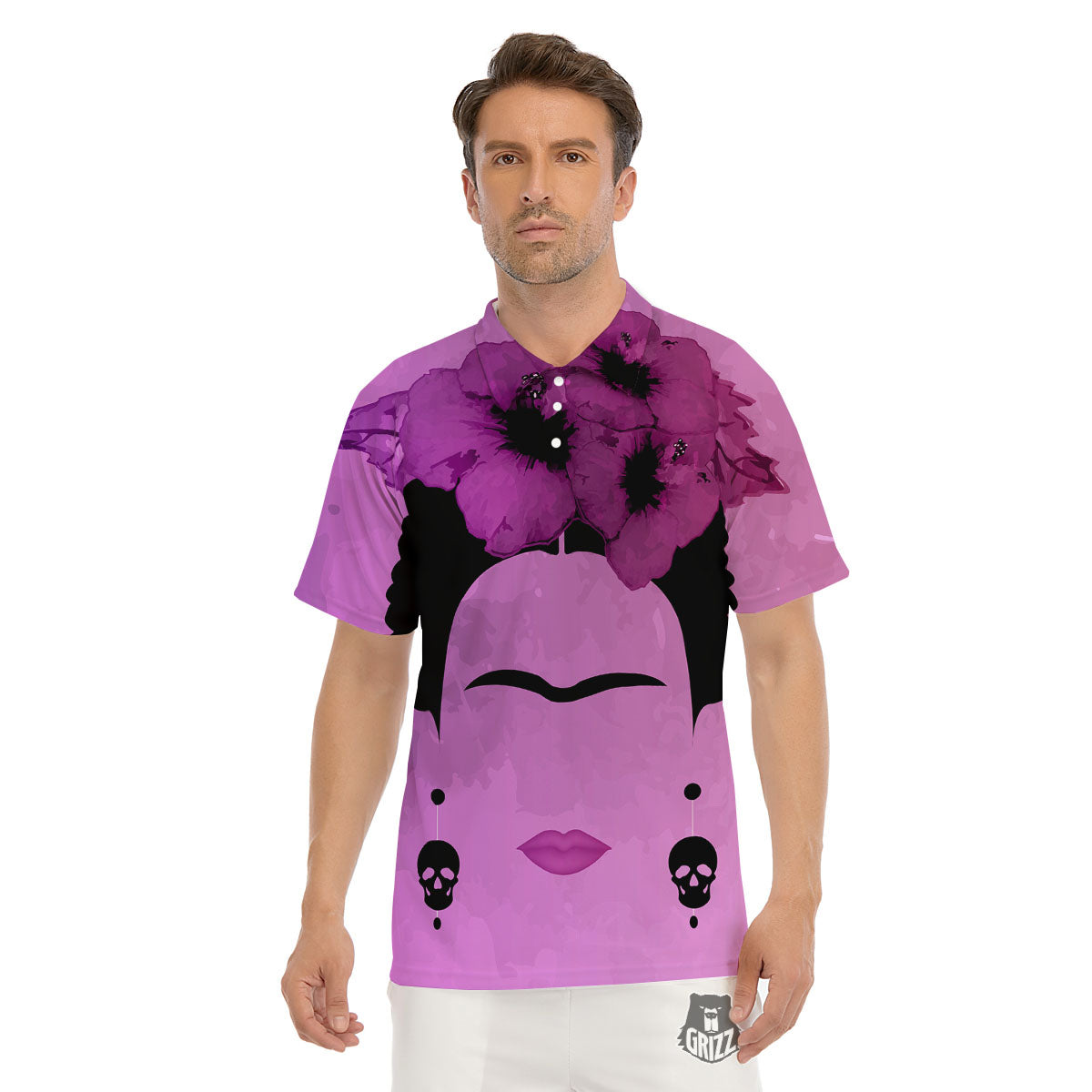 Pink Floral And Frida Kahlo Print Men's Golf Shirts-grizzshop