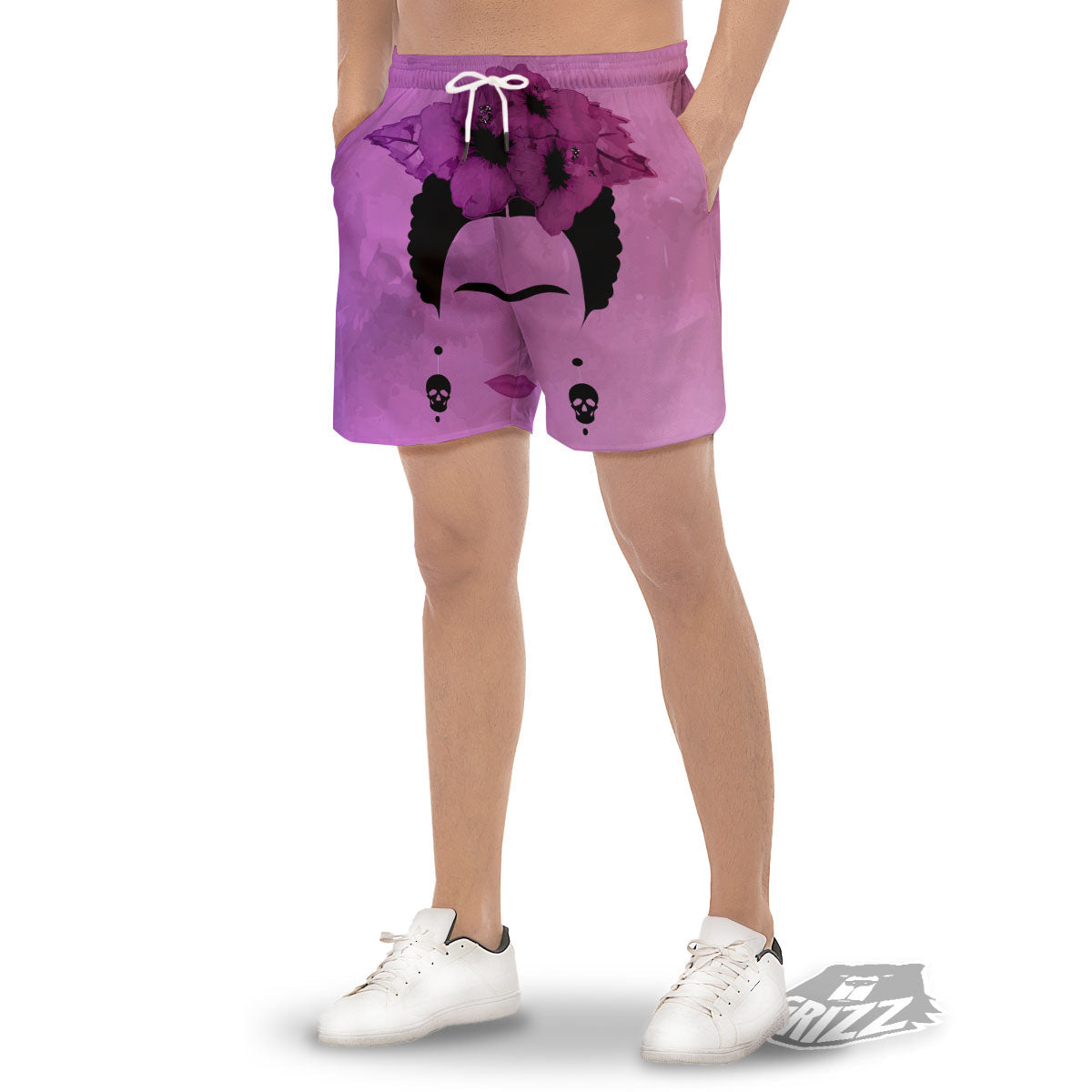 Pink Floral And Frida Kahlo Print Men's Gym Shorts-grizzshop