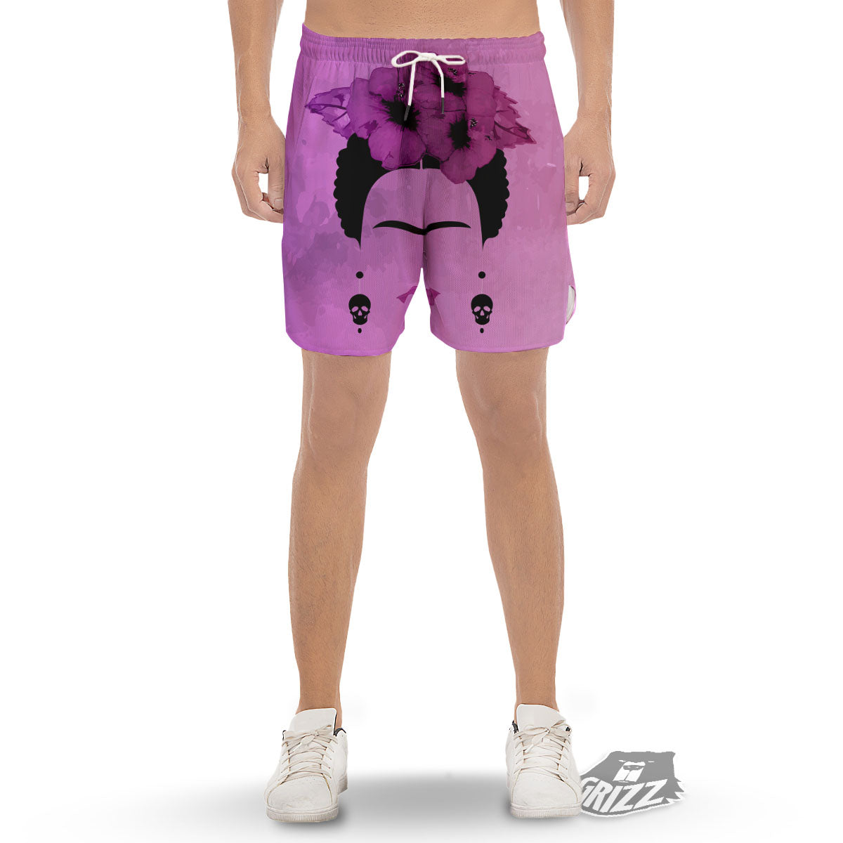 Pink Floral And Frida Kahlo Print Men's Gym Shorts-grizzshop