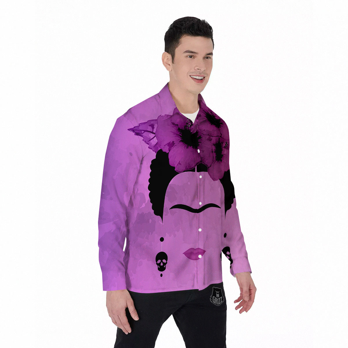 Pink Floral And Frida Kahlo Print Men's Long Sleeve Shirts-grizzshop