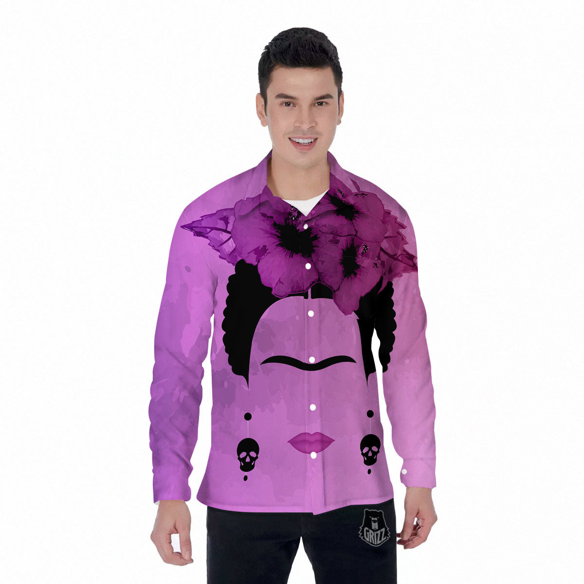 Pink Floral And Frida Kahlo Print Men's Long Sleeve Shirts-grizzshop