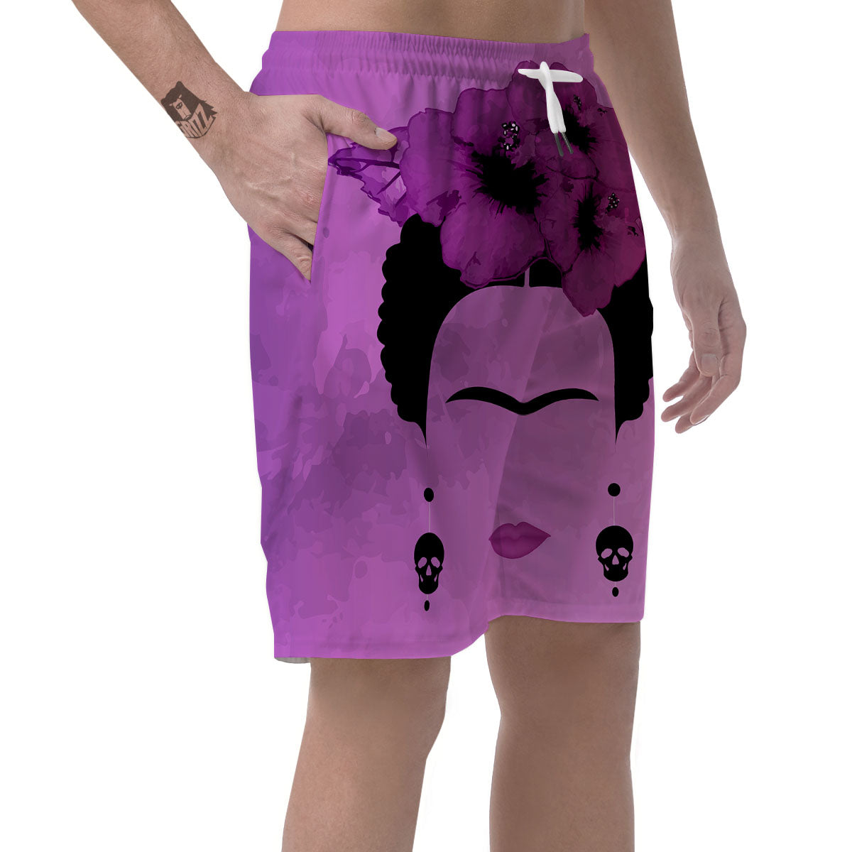 Pink Floral And Frida Kahlo Print Men's Shorts-grizzshop