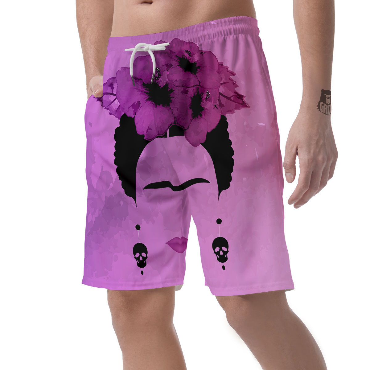 Pink Floral And Frida Kahlo Print Men's Shorts-grizzshop