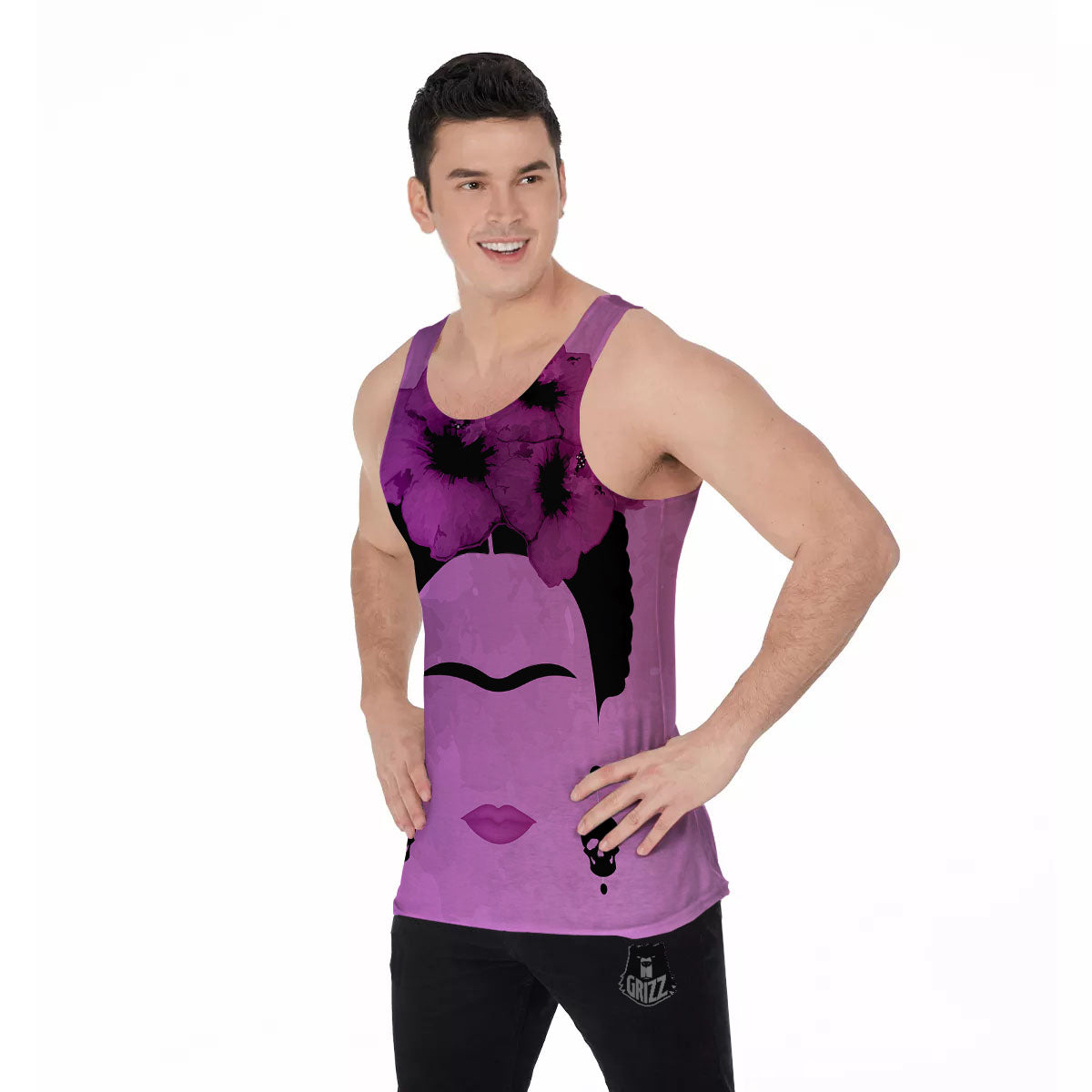 Pink Floral And Frida Kahlo Print Men's Tank Top-grizzshop