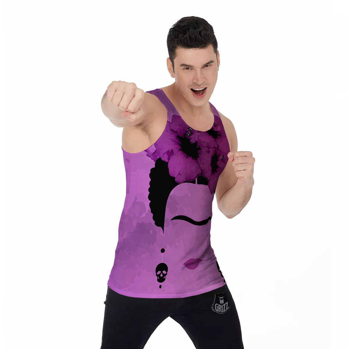 Pink Floral And Frida Kahlo Print Men's Tank Top-grizzshop