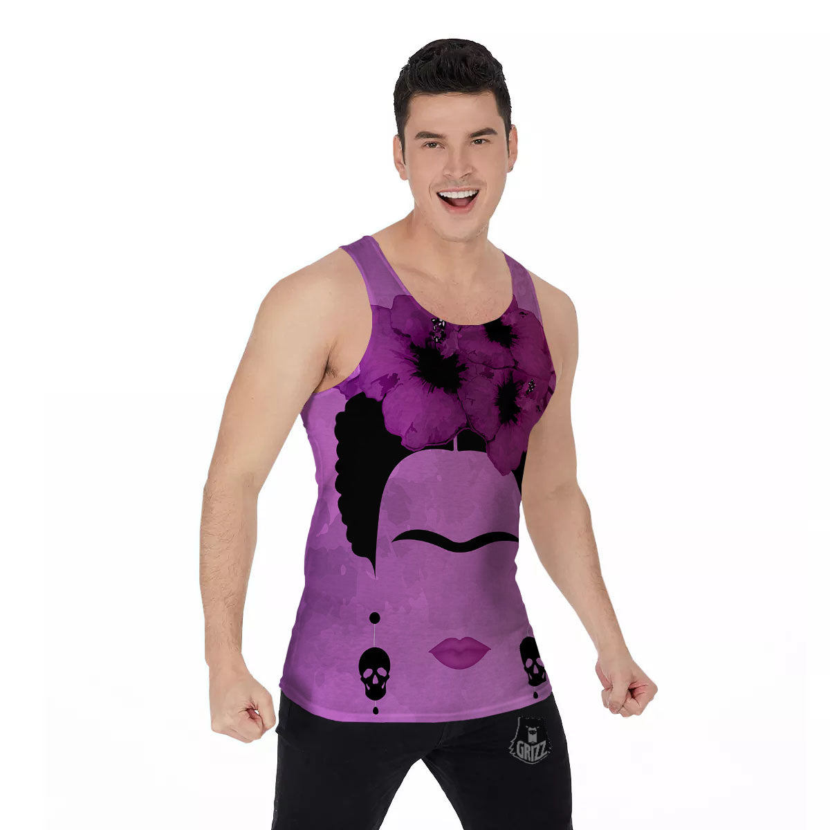Pink Floral And Frida Kahlo Print Men's Tank Top-grizzshop