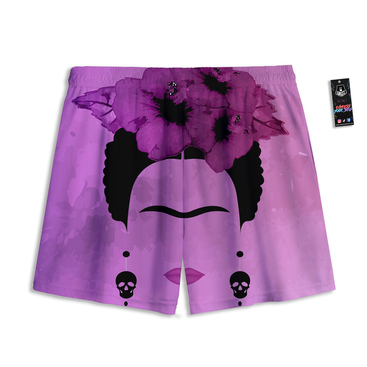 Pink Floral And Frida Kahlo Print Mesh Shorts