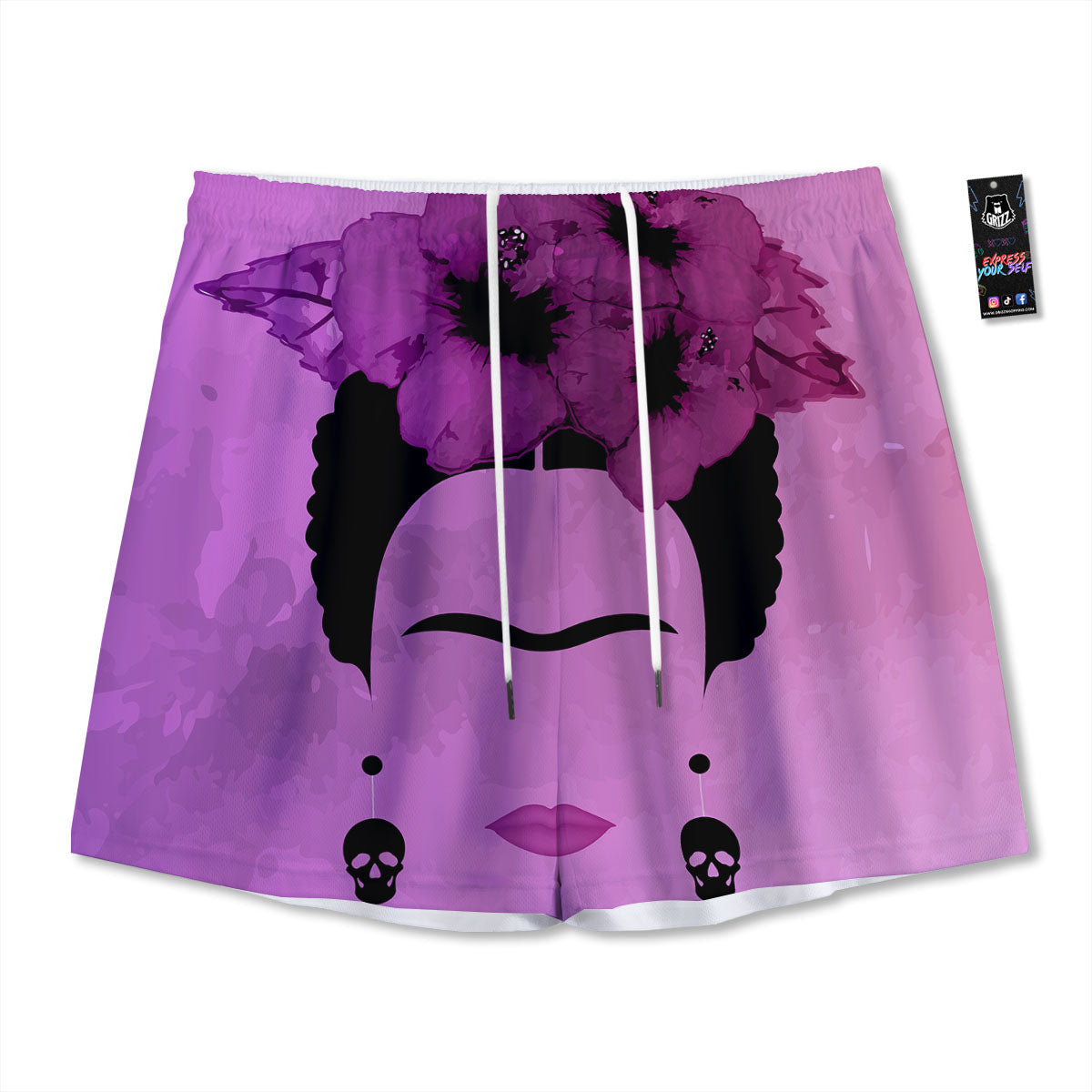 Pink Floral And Frida Kahlo Print Mesh Shorts