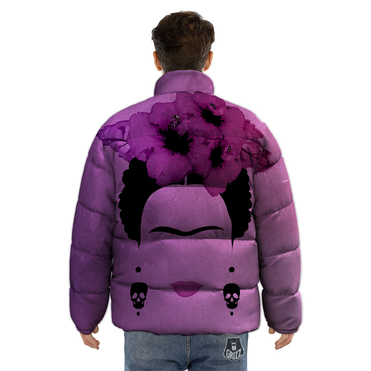 Pink Floral And Frida Kahlo Print Puffer Jacket-grizzshop