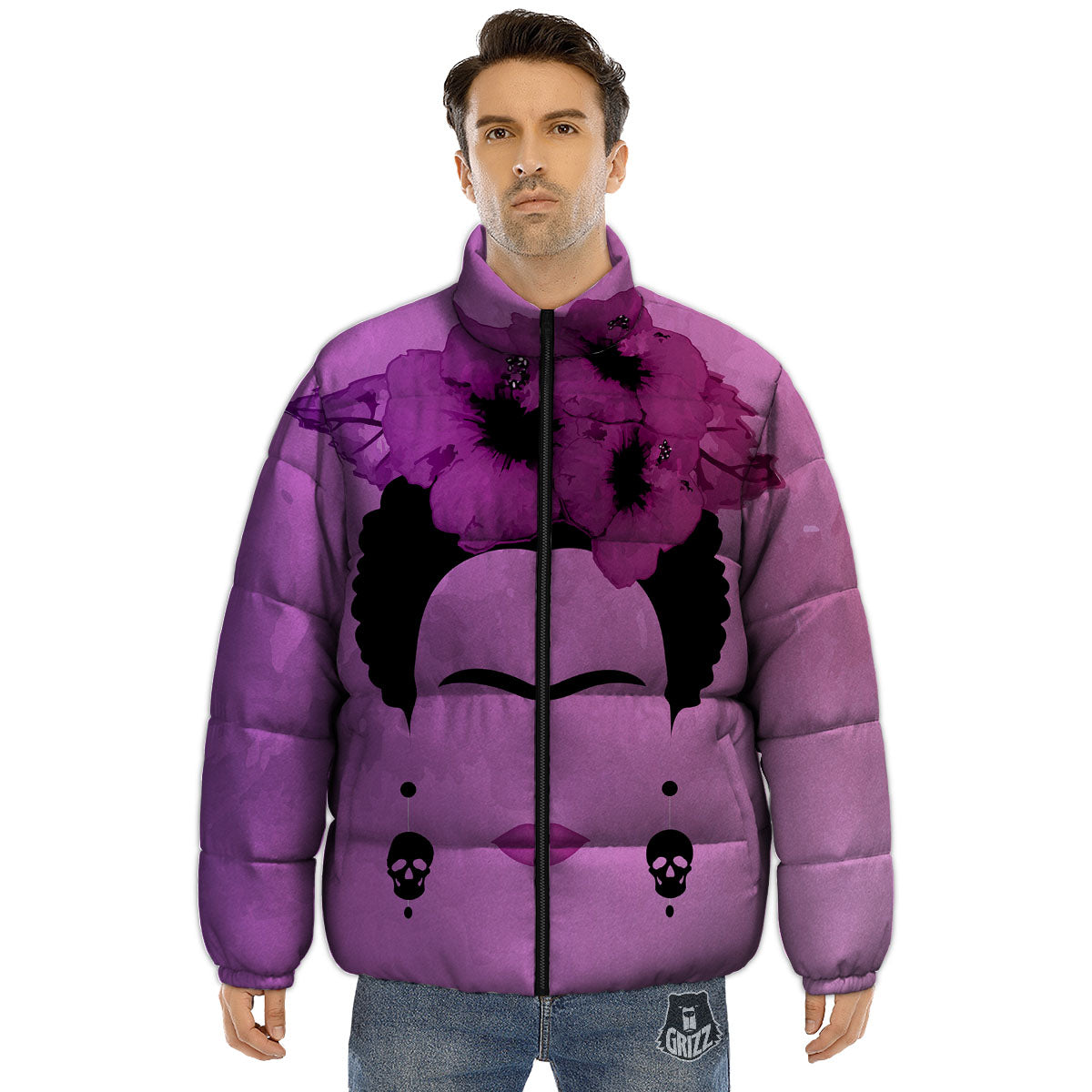 Pink Floral And Frida Kahlo Print Puffer Jacket-grizzshop