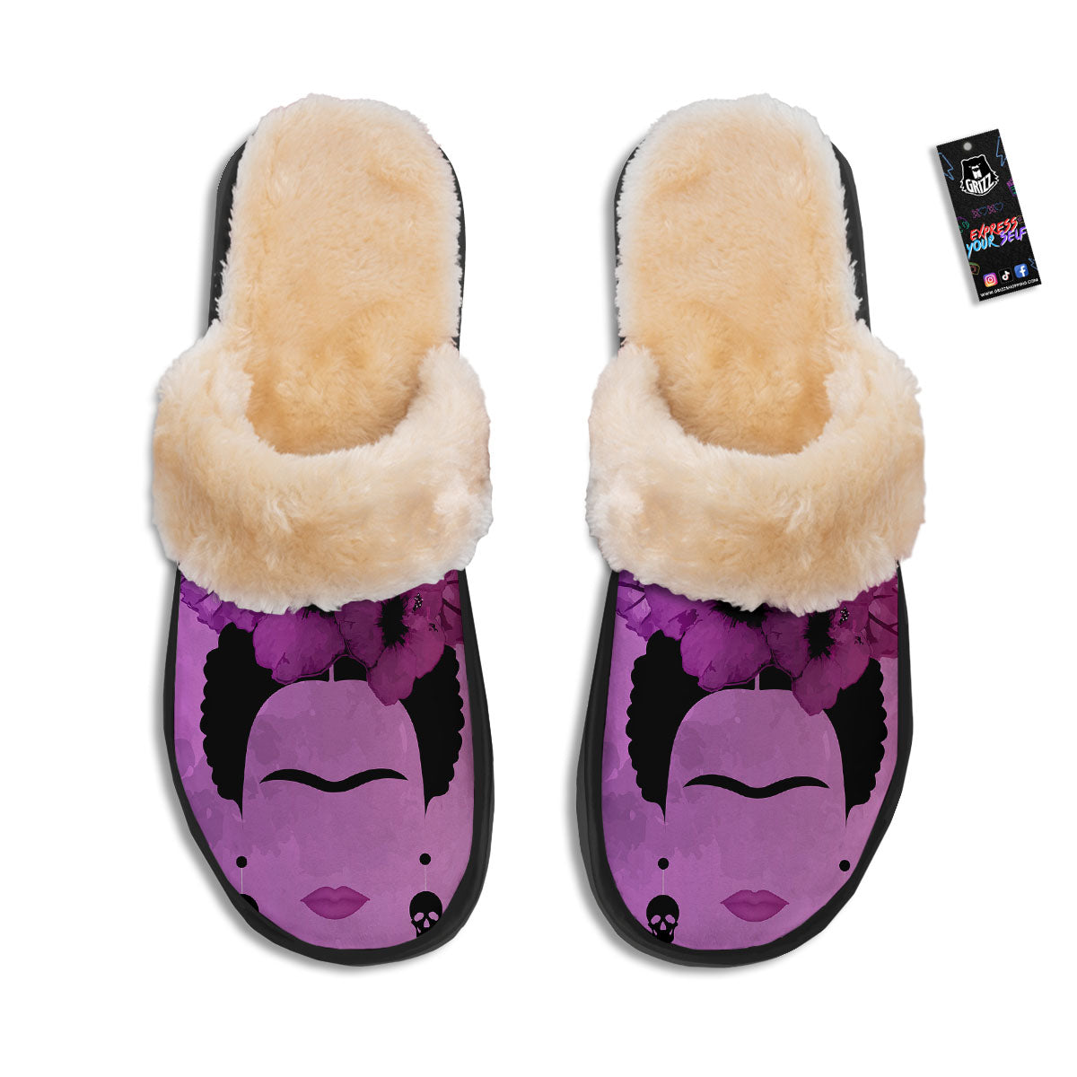 Pink Floral And Frida Kahlo Print Slippers-grizzshop