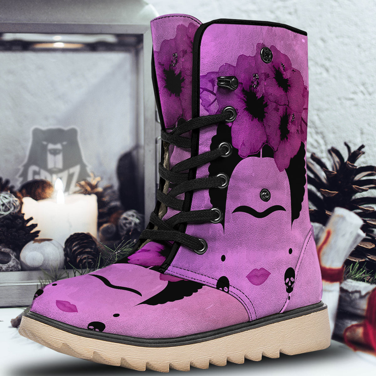 Pink Floral And Frida Kahlo Print Snow Boots-grizzshop