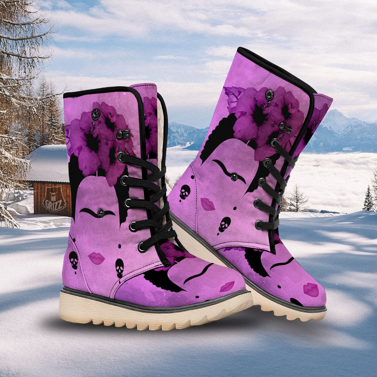 Pink Floral And Frida Kahlo Print Snow Boots-grizzshop