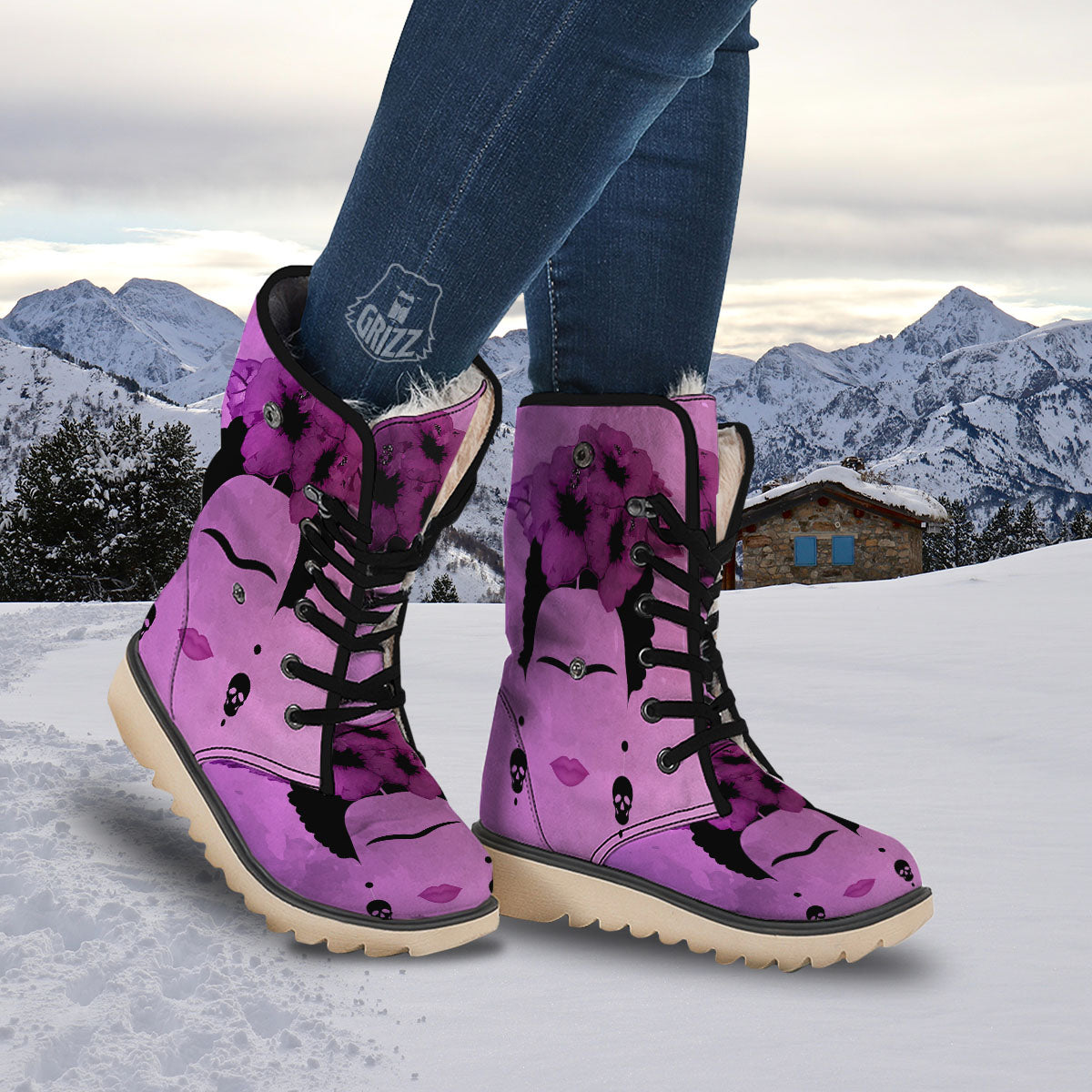 Pink Floral And Frida Kahlo Print Snow Boots-grizzshop