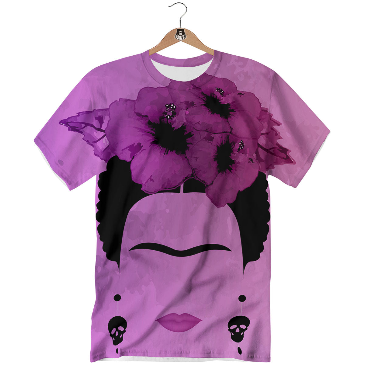 Pink Floral And Frida Kahlo Print T-Shirt-grizzshop