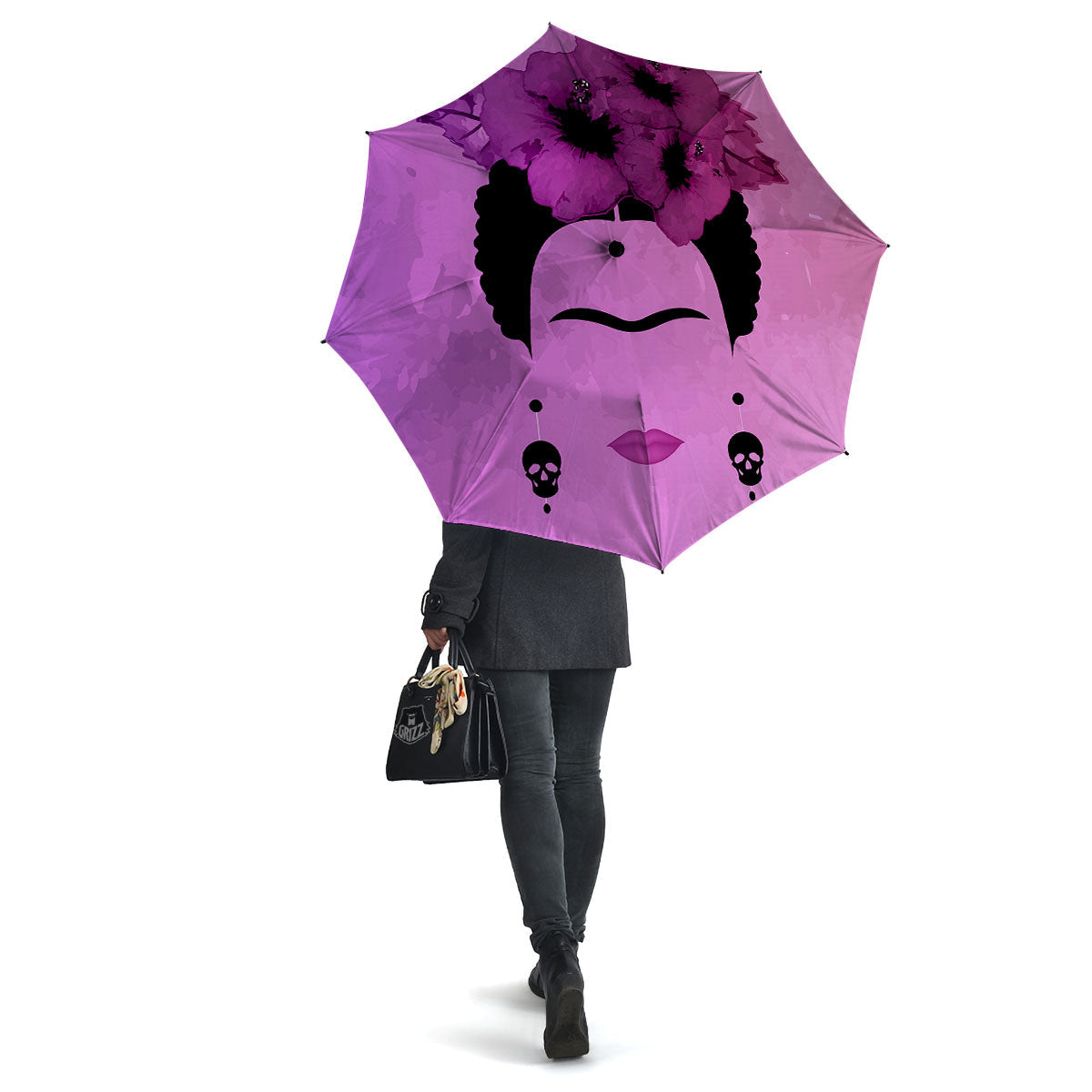 Pink Floral And Frida Kahlo Print Umbrella-grizzshop