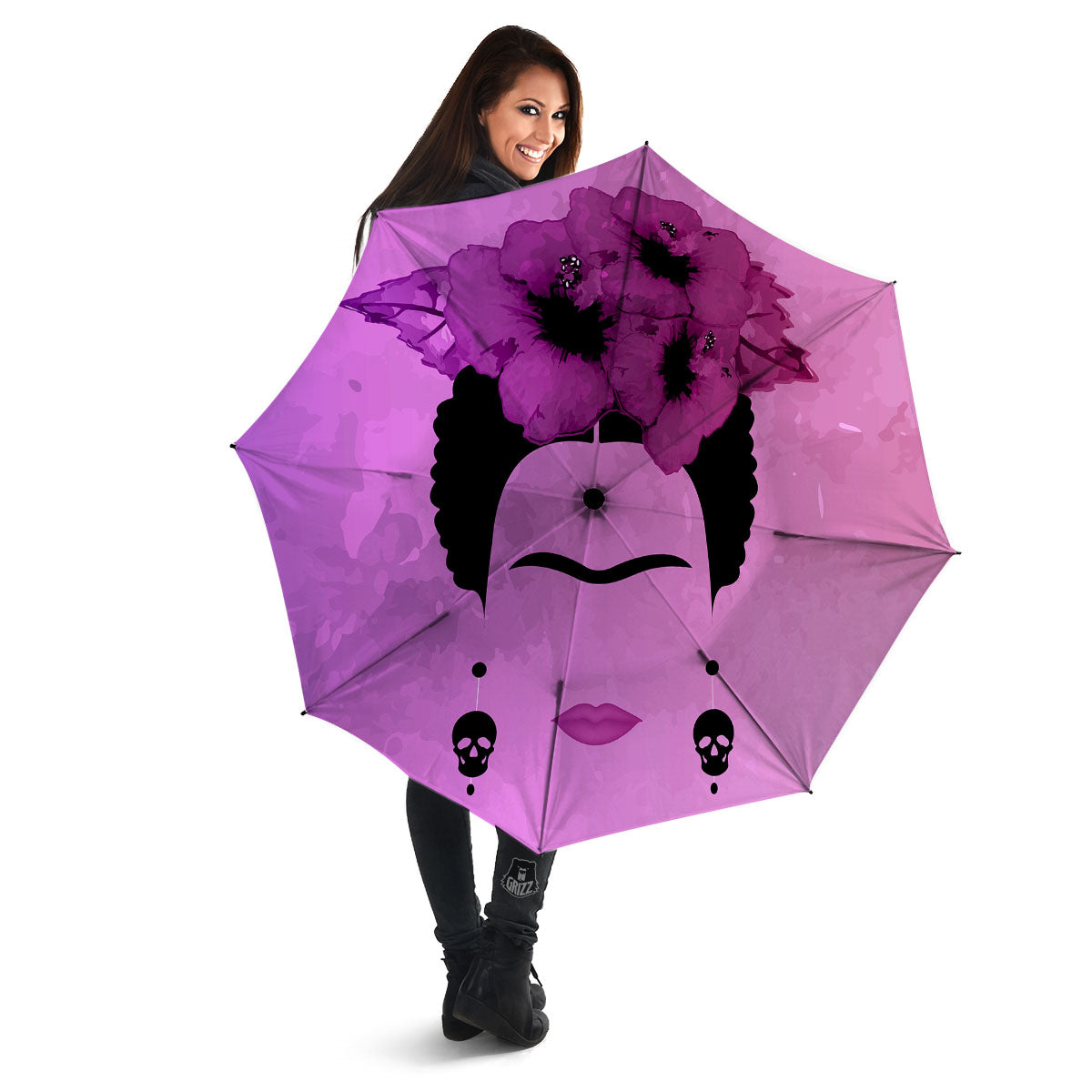 Pink Floral And Frida Kahlo Print Umbrella-grizzshop