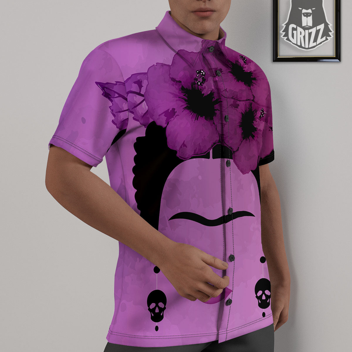 Pink Floral And Frida Kahlo Print Untucked Shirts-grizzshop