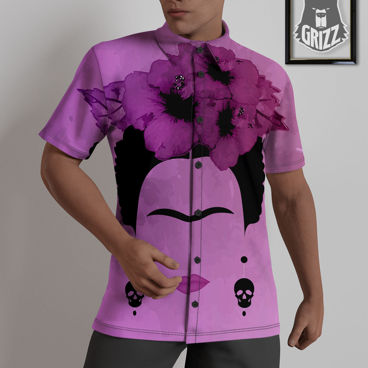 Pink Floral And Frida Kahlo Print Untucked Shirts-grizzshop