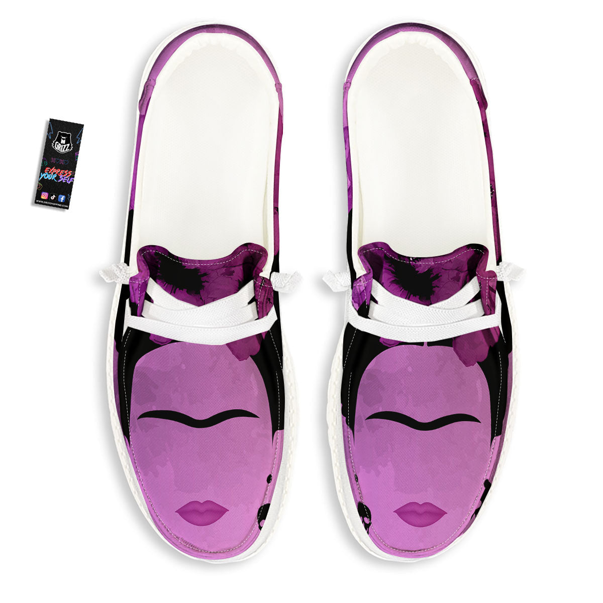 Pink Floral And Frida Kahlo Print White Loafers-grizzshop