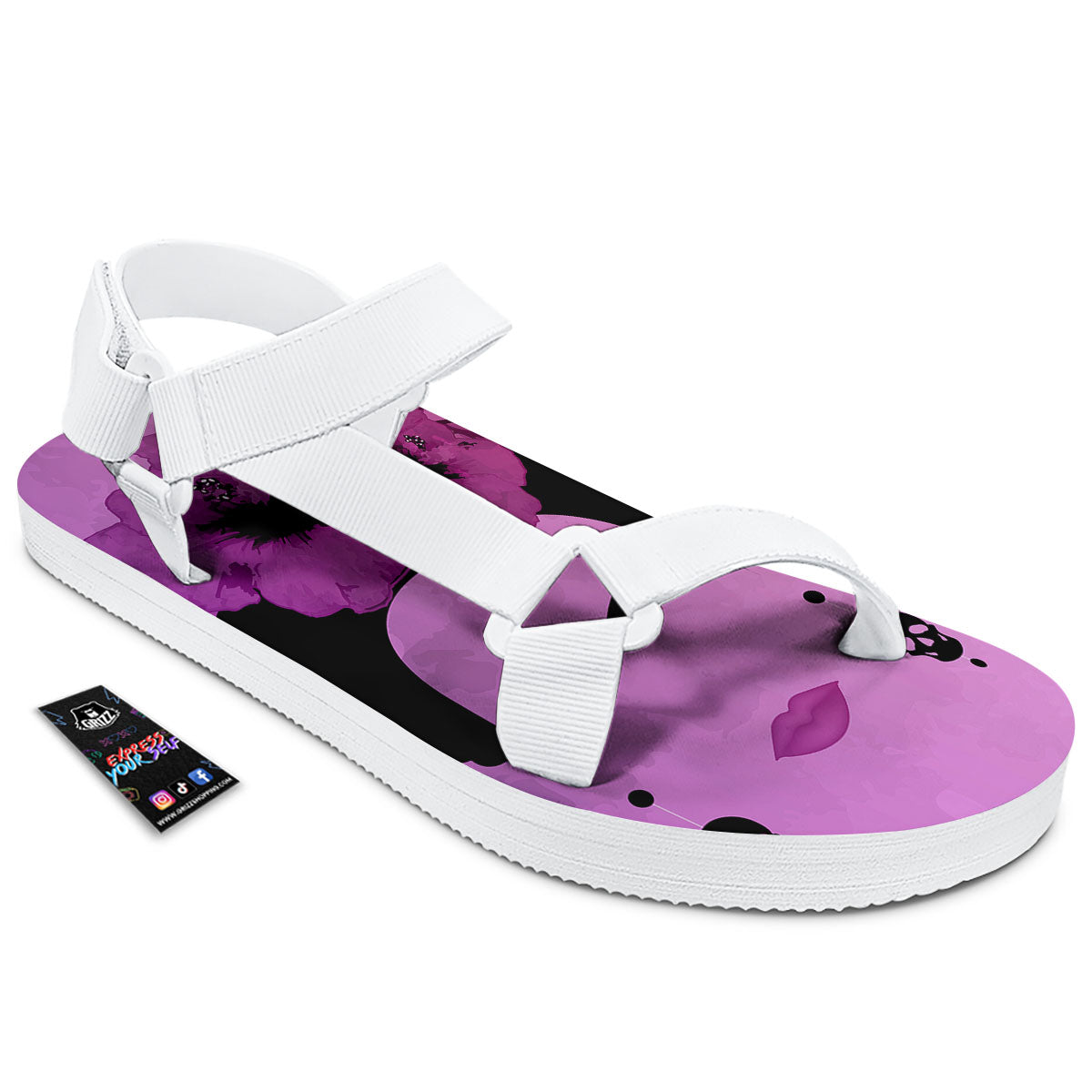 Pink Floral And Frida Kahlo Print White Open Toe Sandals-grizzshop