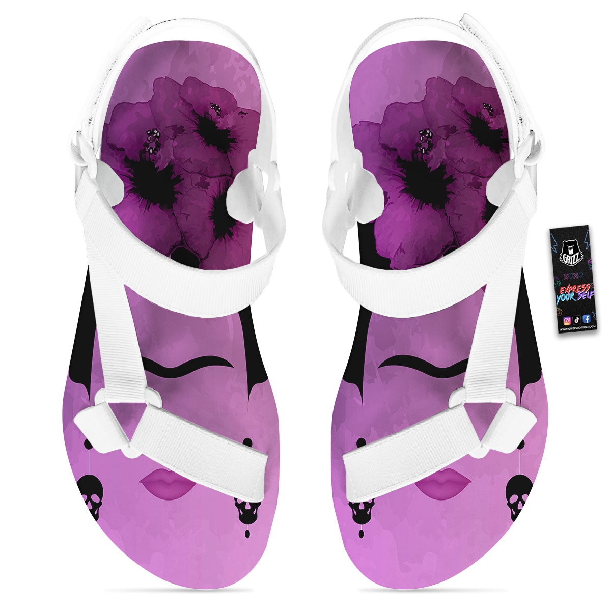 Pink Floral And Frida Kahlo Print White Open Toe Sandals-grizzshop