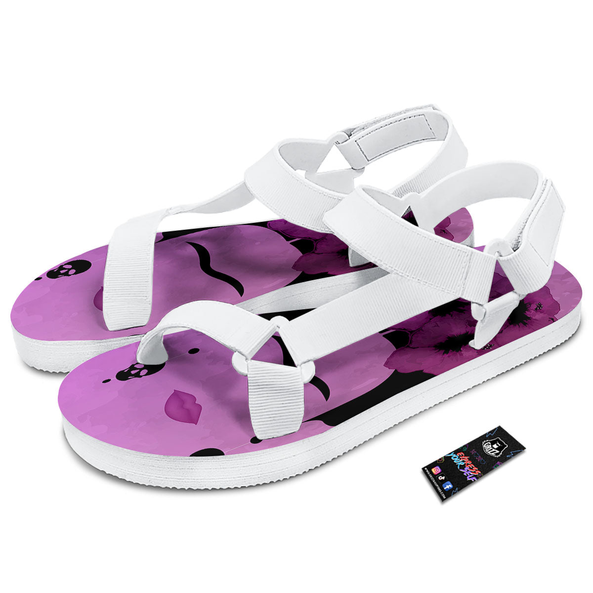 Pink Floral And Frida Kahlo Print White Open Toe Sandals-grizzshop