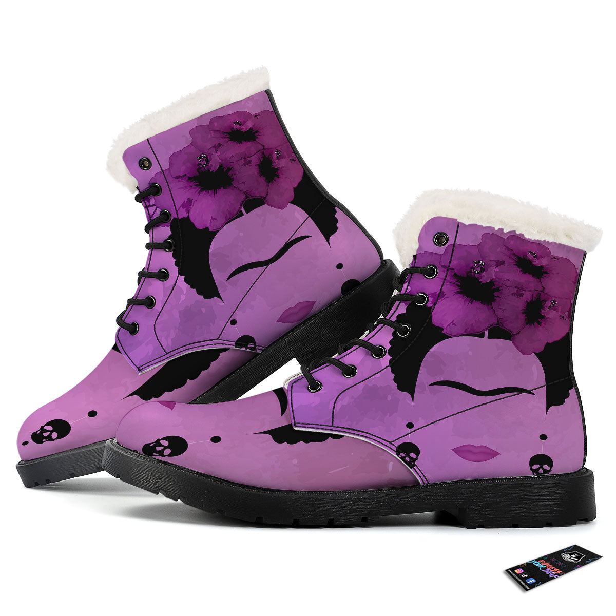 Pink Floral And Frida Kahlo Print Winter Boots-grizzshop