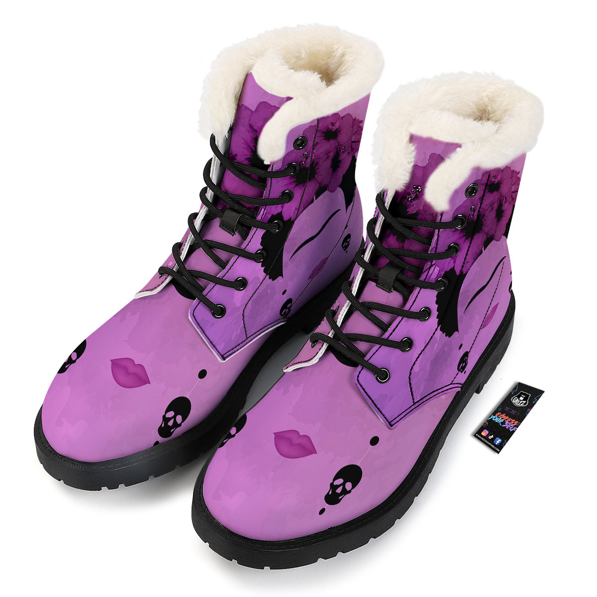 Pink Floral And Frida Kahlo Print Winter Boots-grizzshop