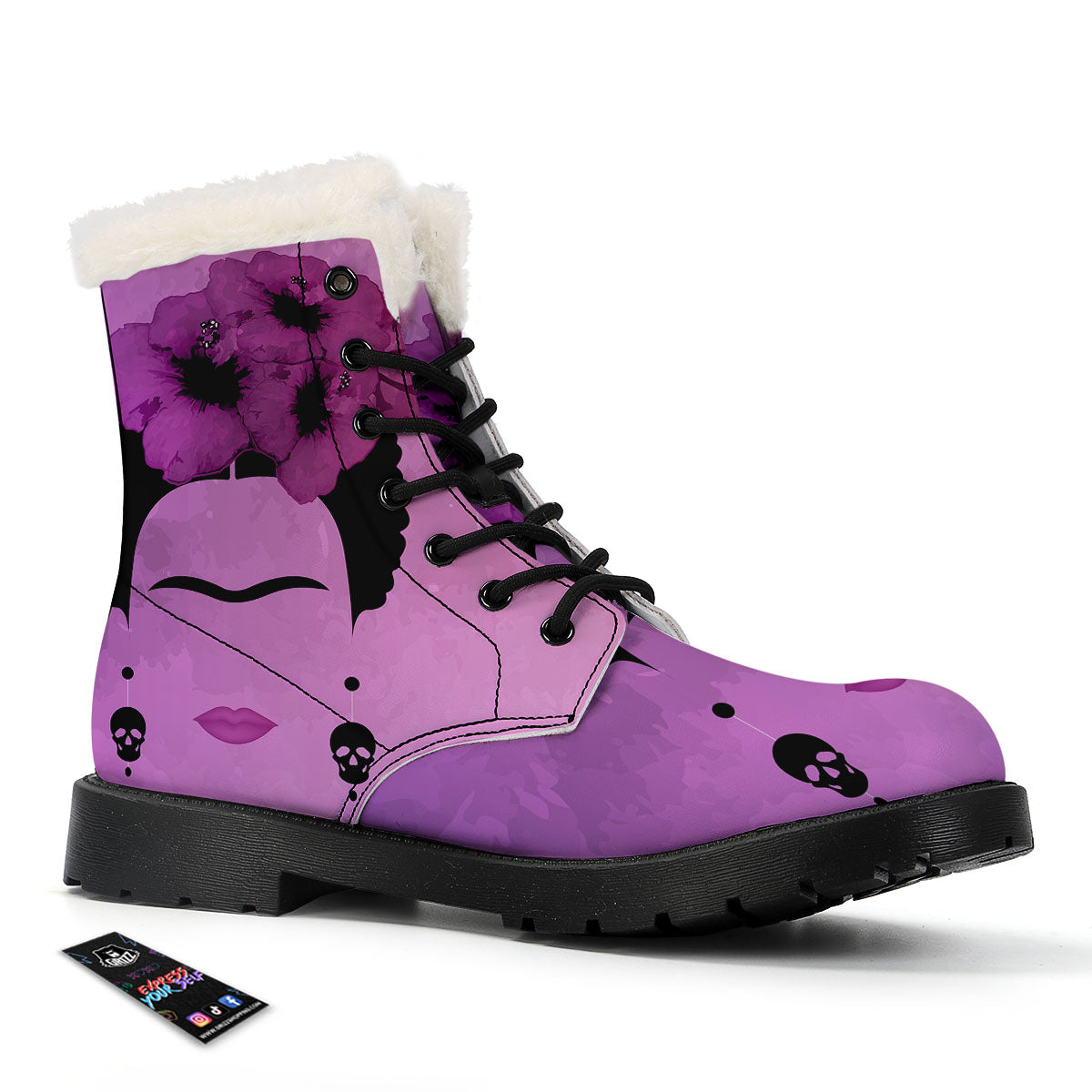 Pink Floral And Frida Kahlo Print Winter Boots-grizzshop