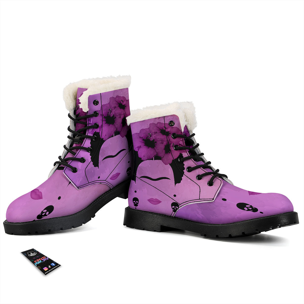 Pink Floral And Frida Kahlo Print Winter Boots-grizzshop