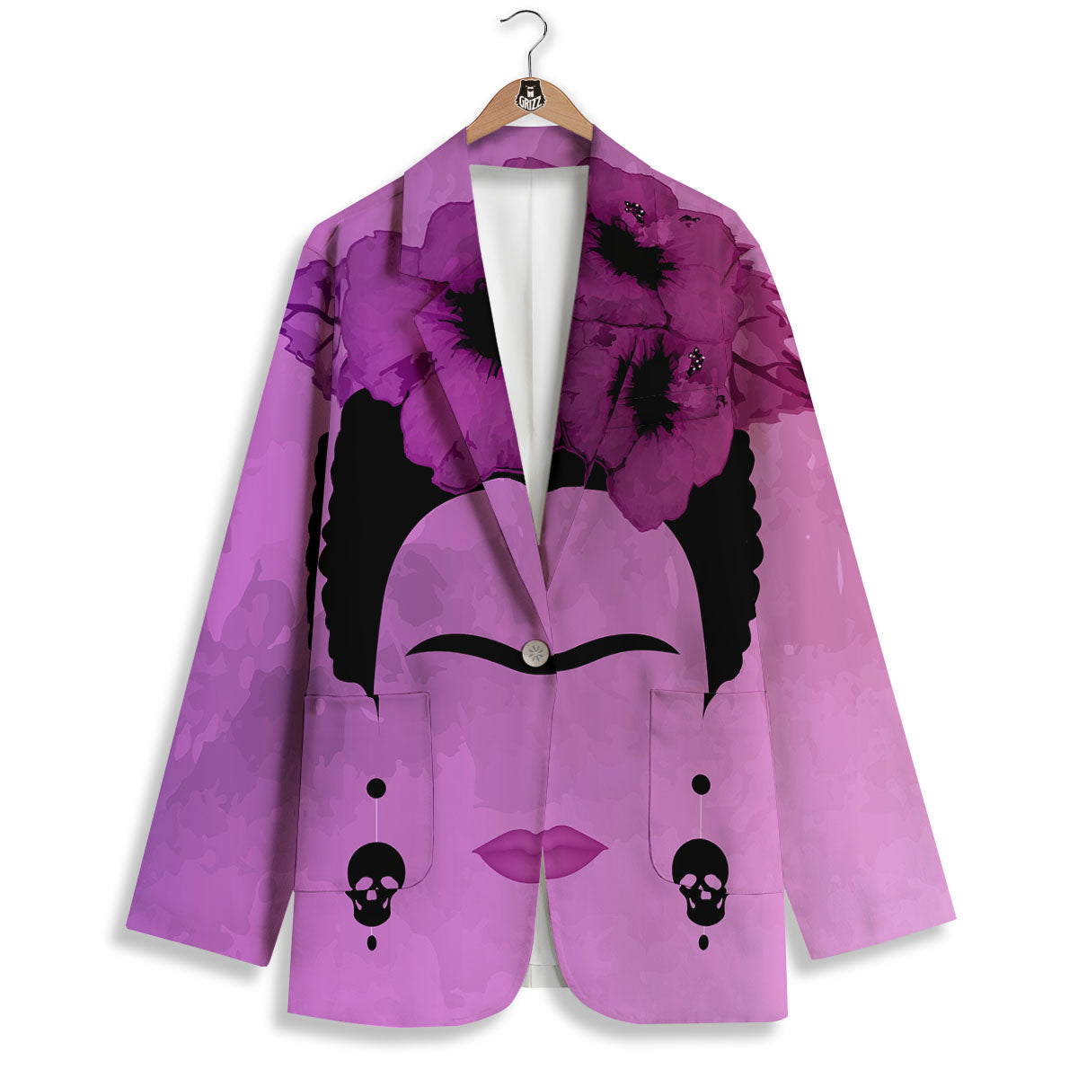 Pink Floral And Frida Kahlo Print Women's Blazer-grizzshop